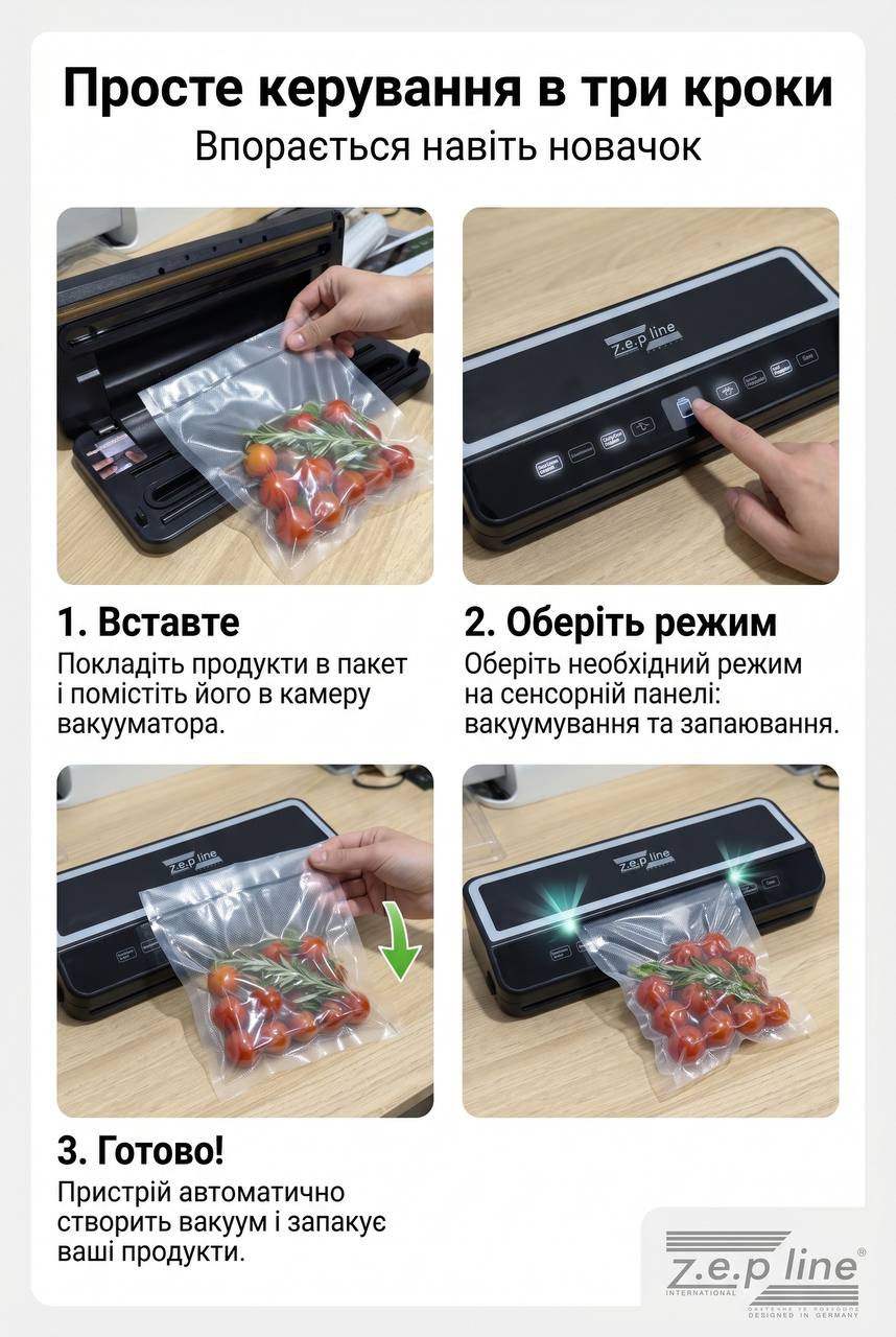 Вакуумний пакувальник 200Вт з сенсорним дисплеєм Zepline ZP-00374 - Зображення 3